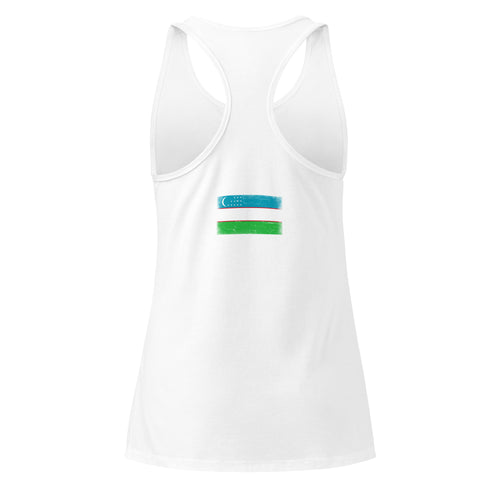Uzbekistan flag racerback tank top in White, vintage-washed print, flag across the upper back, women cut, back view