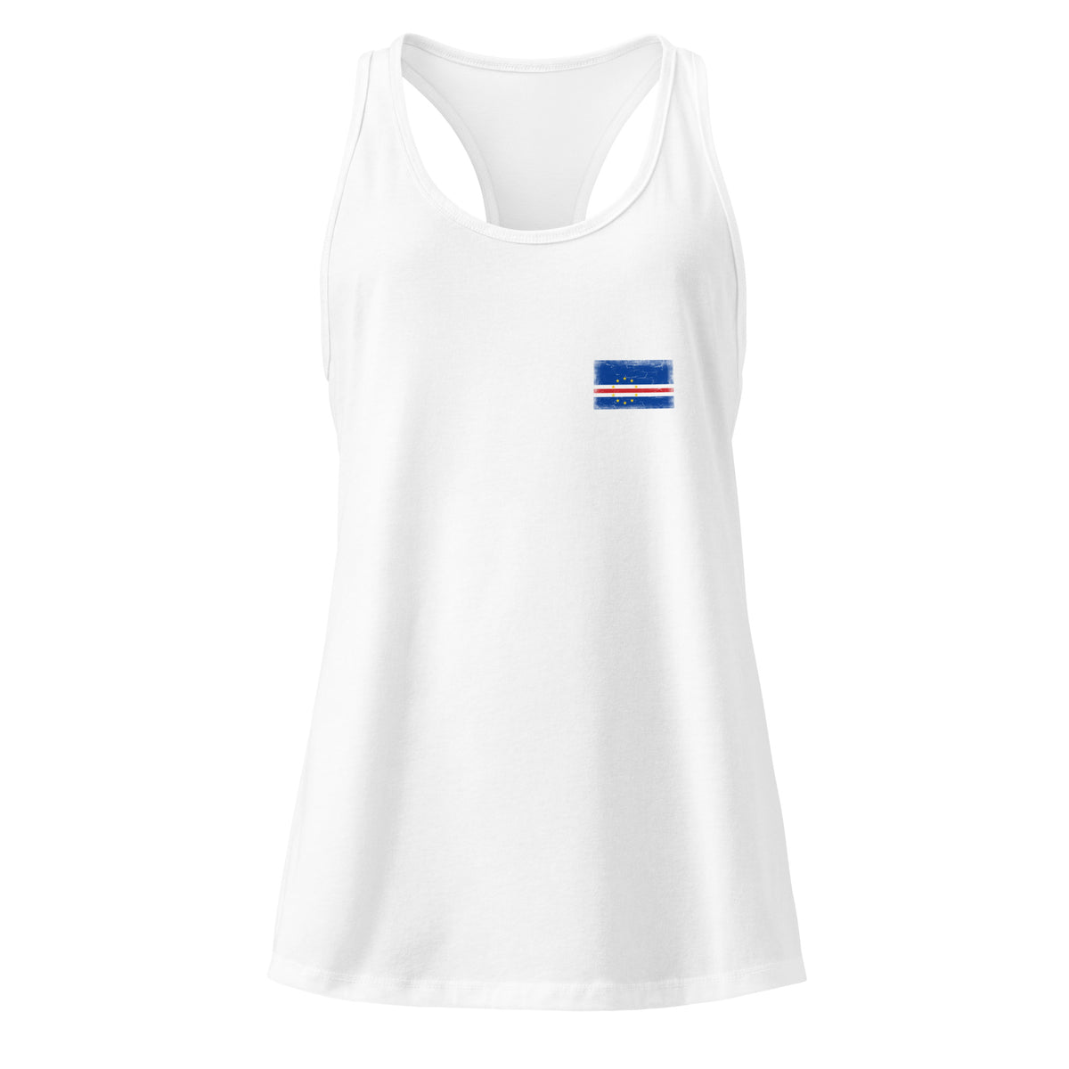 Cape Verde flag racerback tank top in White, vintage-washed print, small flag on the left chest, women cut, front view