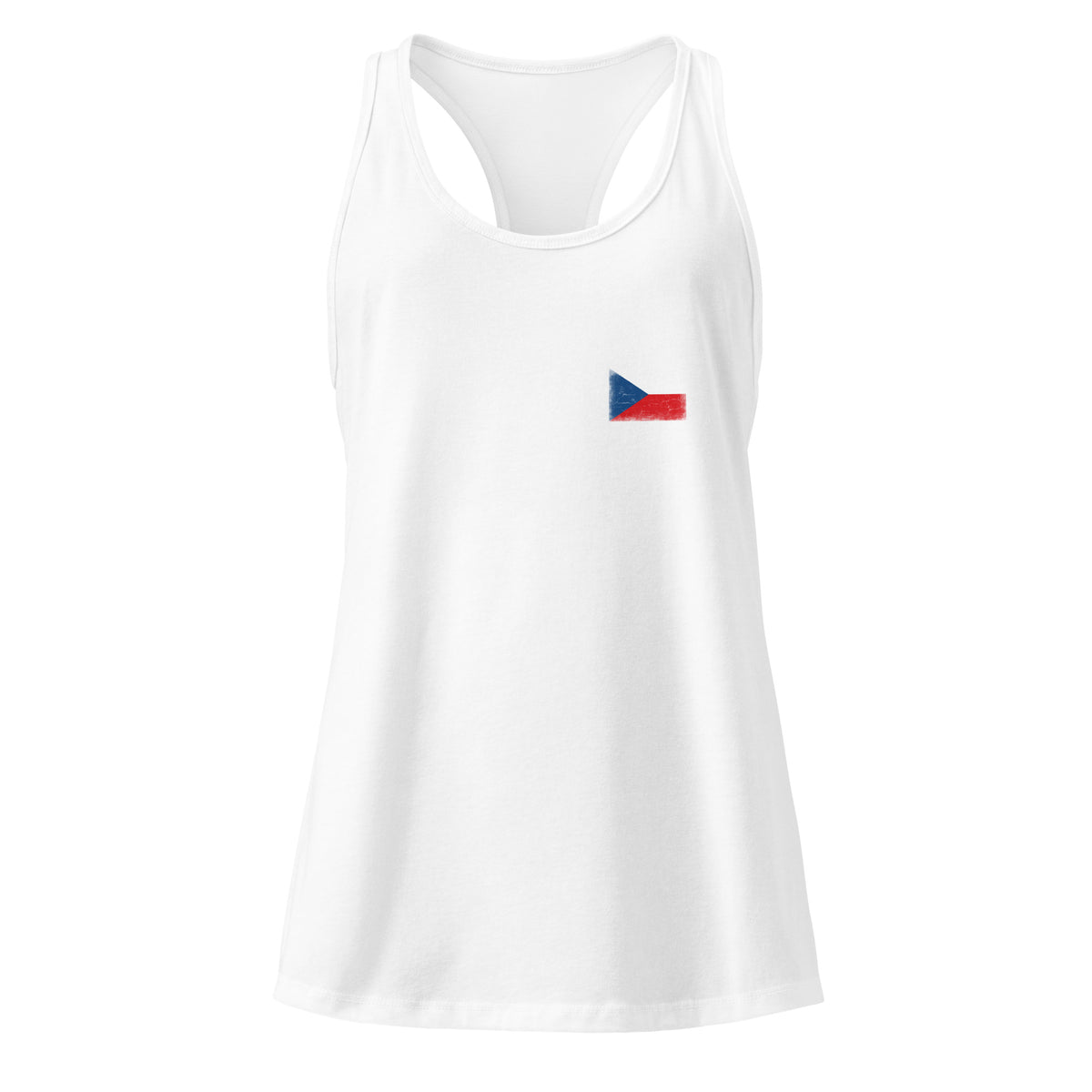 Czechia flag racerback tank top in White, vintage-washed print, small flag on the left chest, women cut, front view
