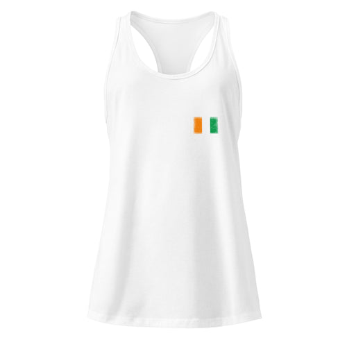Côte d'Ivoire flag racerback tank top in White, vintage-washed print, small flag on the left chest, women cut, front view