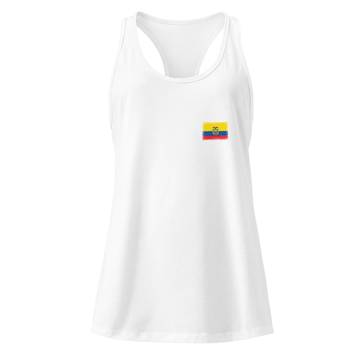 Ecuador flag racerback tank top in White, vintage-washed print, small flag on the left chest, women cut, front view