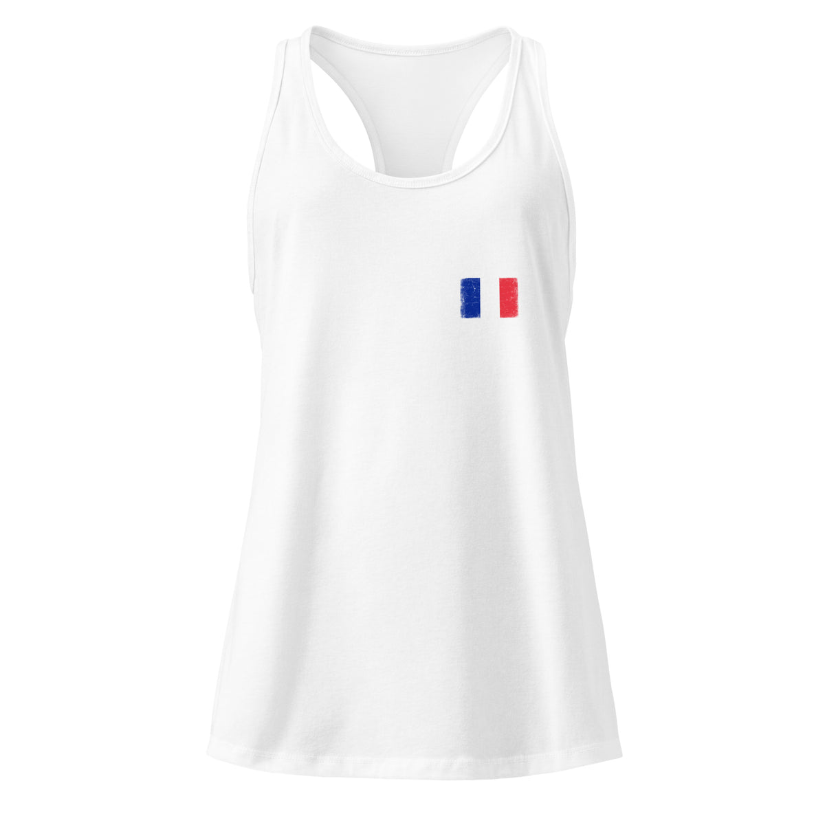 France flag racerback tank top in White, vintage-washed print, small flag on the left chest, women cut, front view