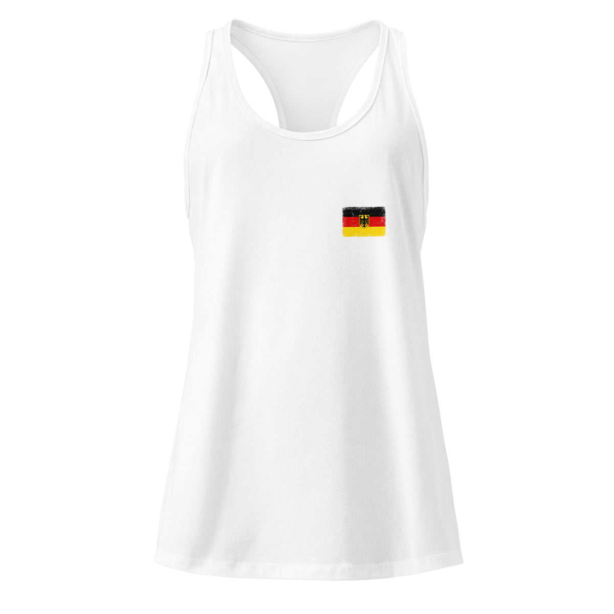 Germany flag racerback tank top in White, vintage-washed print, small flag on the left chest, women cut, front view