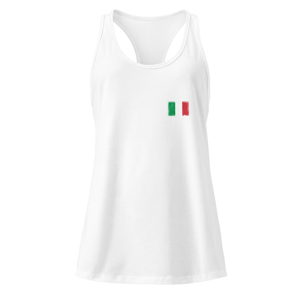 Italy flag racerback tank top in White, vintage-washed print, small flag on the left chest, women cut, front view