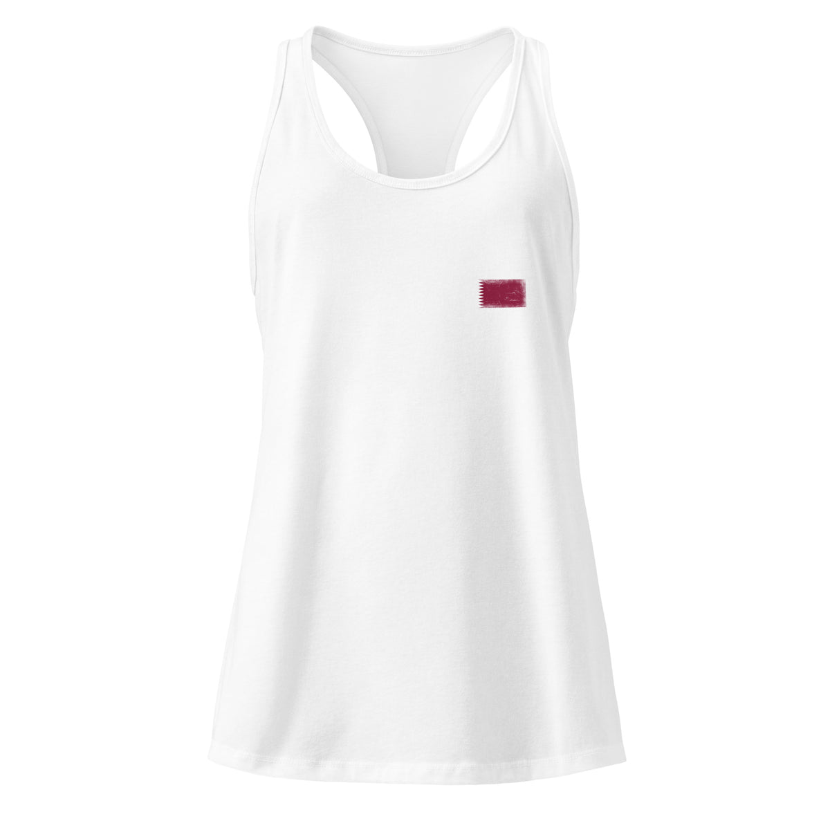 Qatar flag racerback tank top in White, vintage-washed print, small flag on the left chest, women cut, front view
