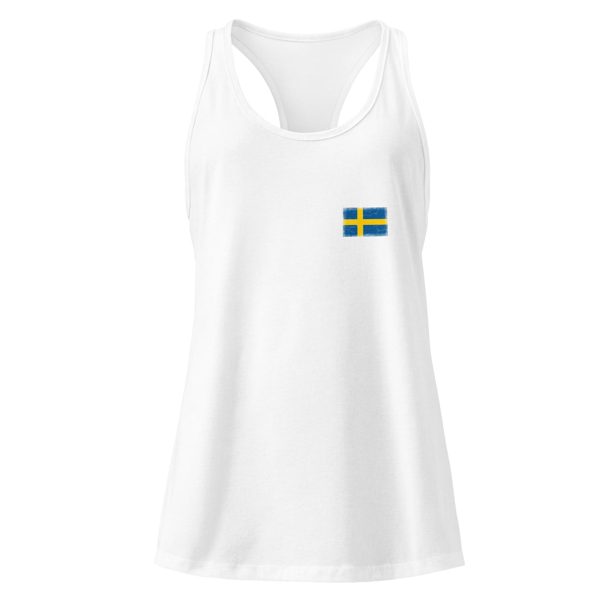 Sweden flag racerback tank top in White, vintage-washed print, small flag on the left chest, women cut, front view