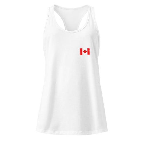 Canada flag racerback tank top in White, vintage-washed print, small flag on the left chest, women cut, front view