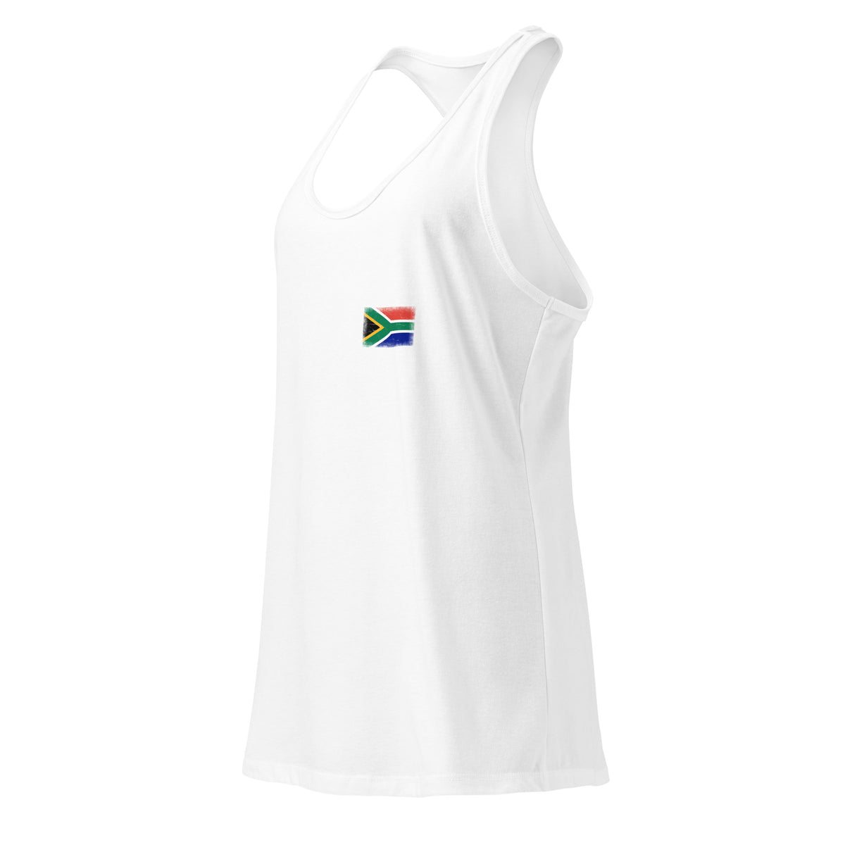 South Africa flag racerback tank top in White, vintage-washed print, small flag on the left chest, women cut, side view
