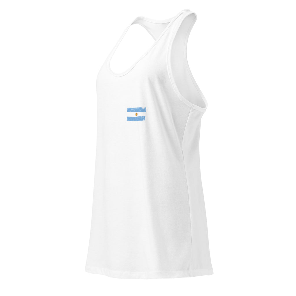 Argentina flag racerback tank top in White, vintage-washed print, small flag on the left chest, women cut, side view
