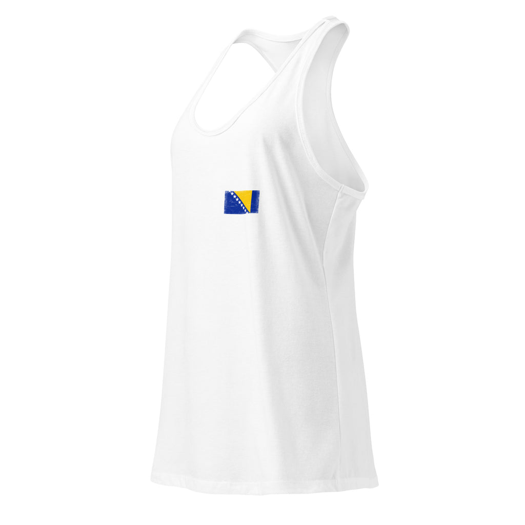 Bosnia and Herzegovina flag racerback tank top in White, vintage-washed print, small flag on the left chest, women cut, side view