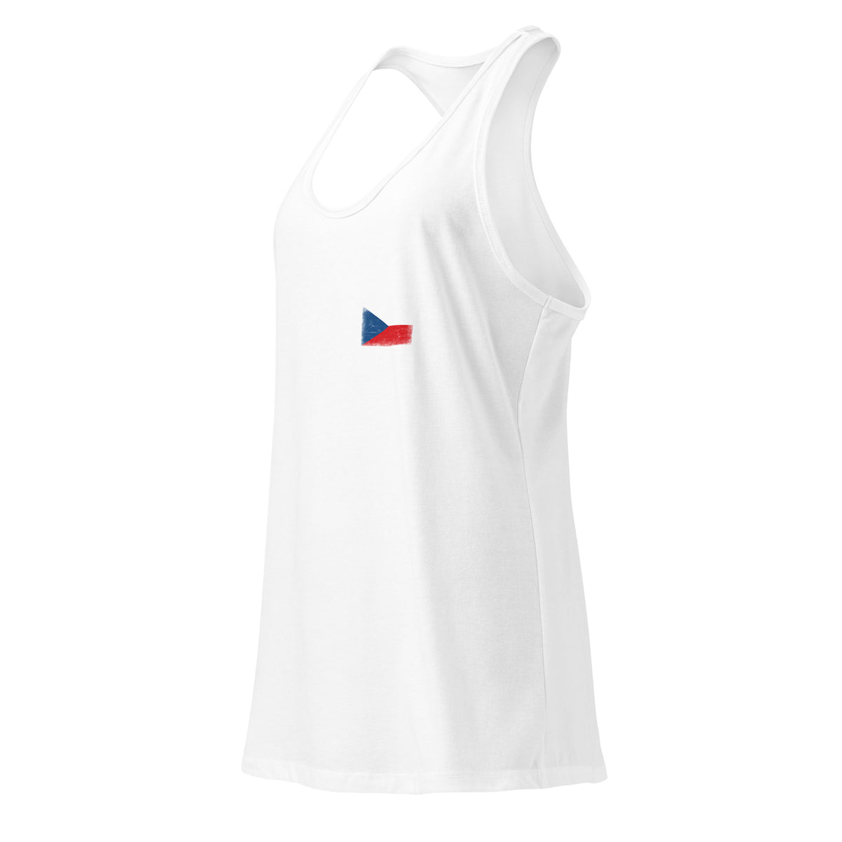Czechia flag racerback tank top in White, vintage-washed print, small flag on the left chest, women cut, side view