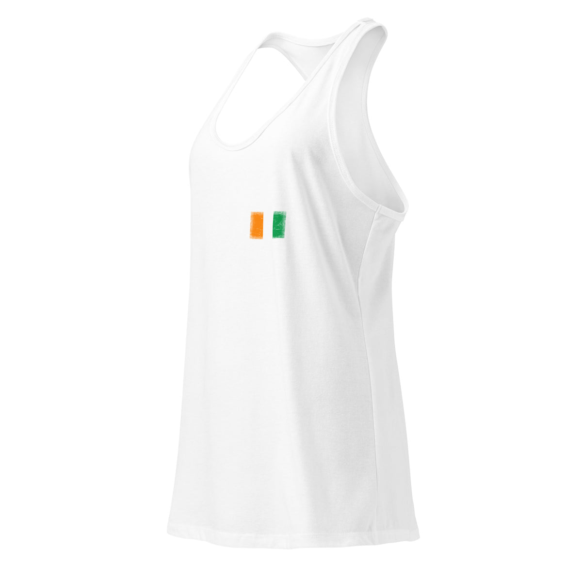 Côte d'Ivoire flag racerback tank top in White, vintage-washed print, small flag on the left chest, women cut, side view