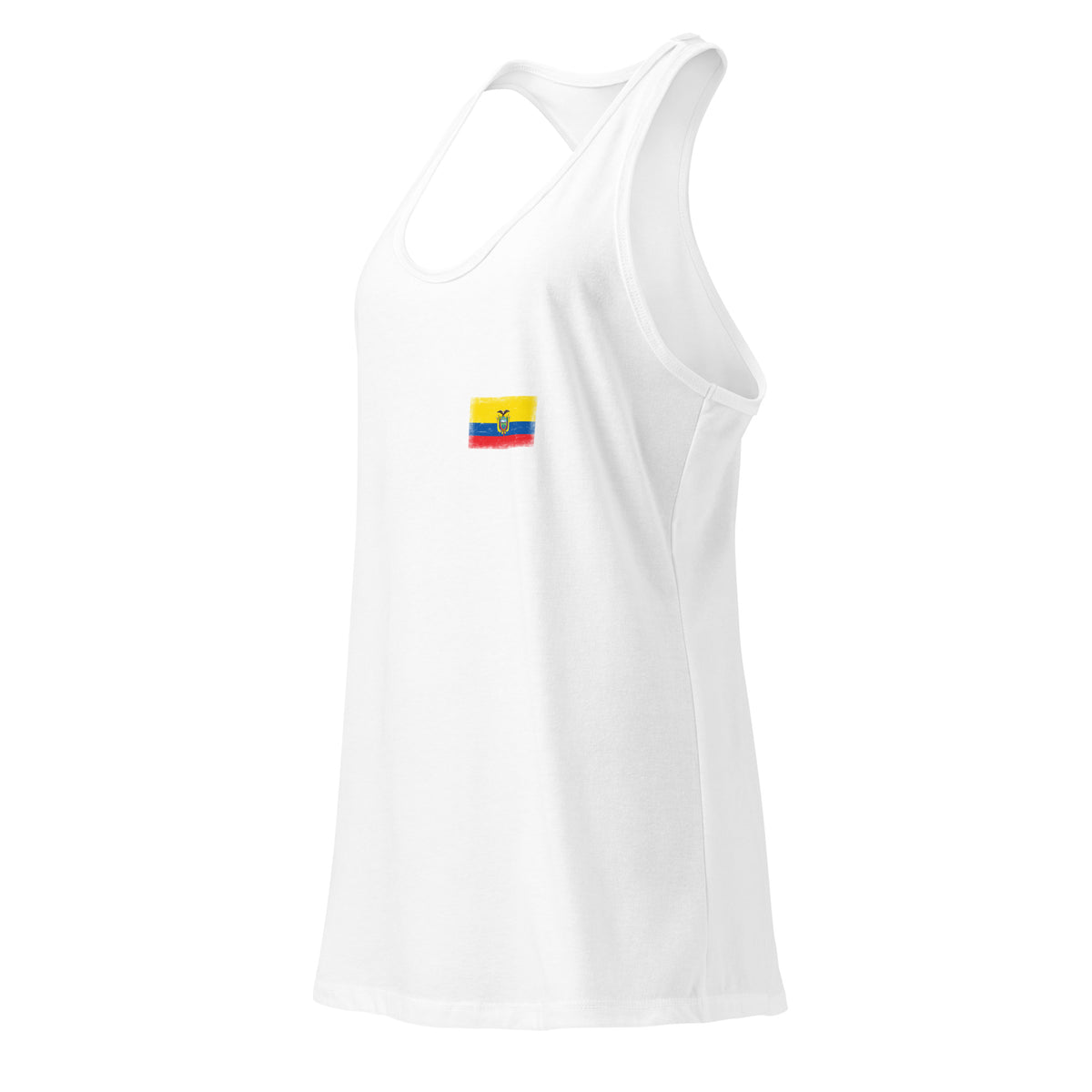 Ecuador flag racerback tank top in White, vintage-washed print, small flag on the left chest, women cut, side view