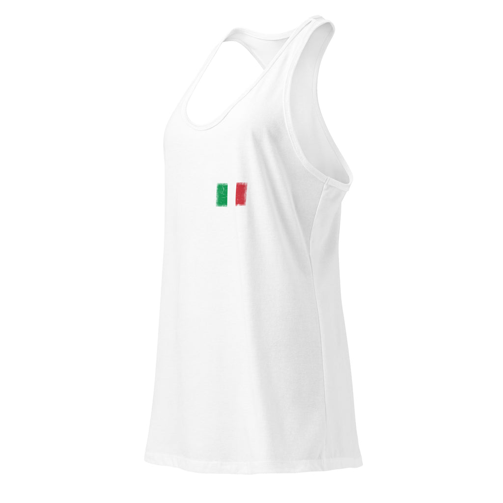 Italy flag racerback tank top in White, vintage-washed print, small flag on the left chest, women cut, side view