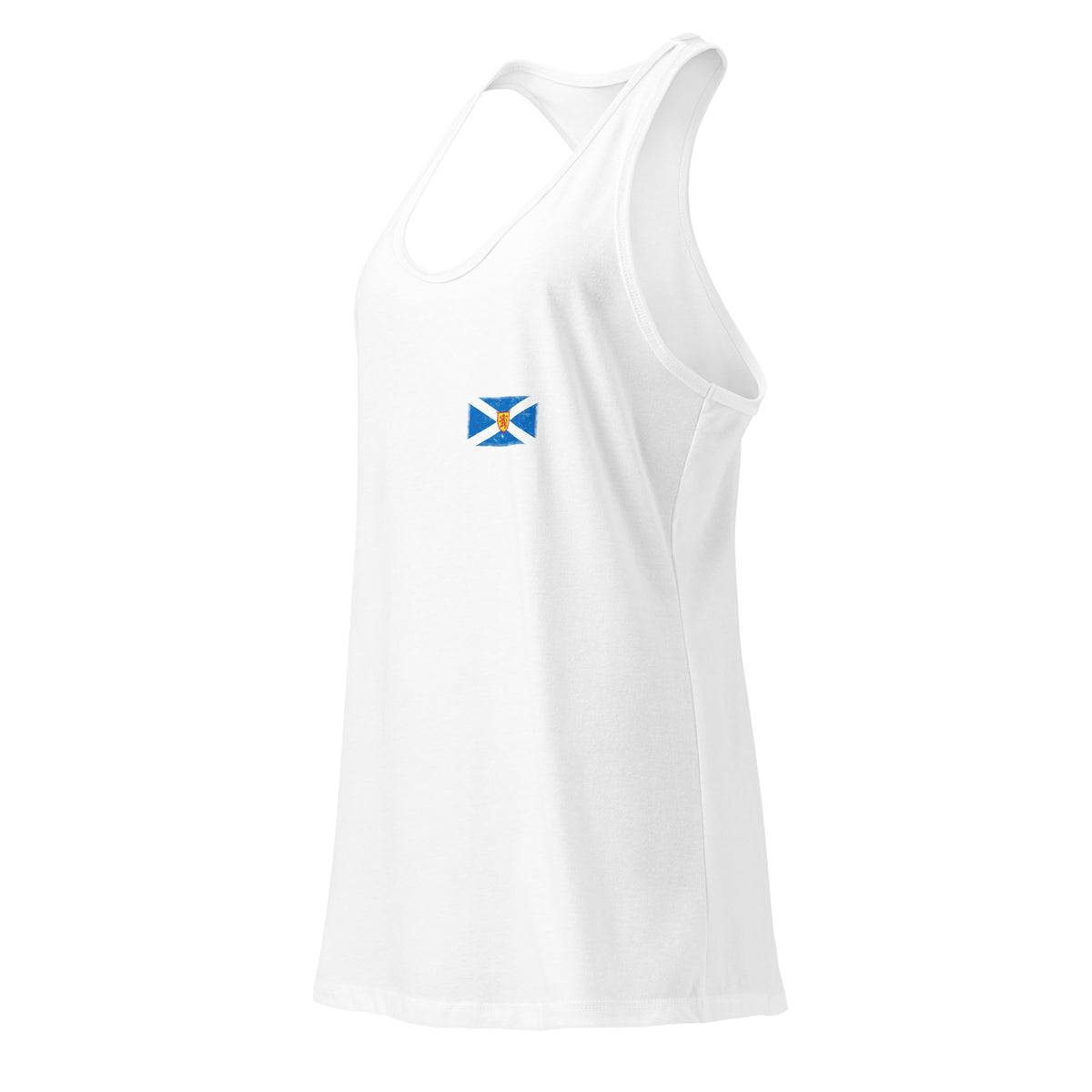 Scotland flag racerback tank top in White, vintage-washed print, small flag on the left chest, women cut, side view