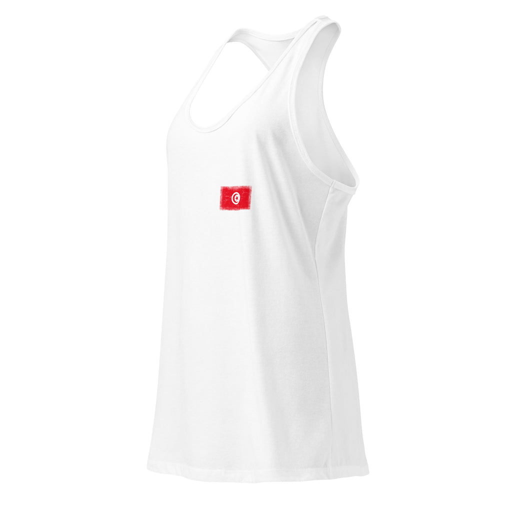 Tunisia flag racerback tank top in White, vintage-washed print, small flag on the left chest, women cut, side view