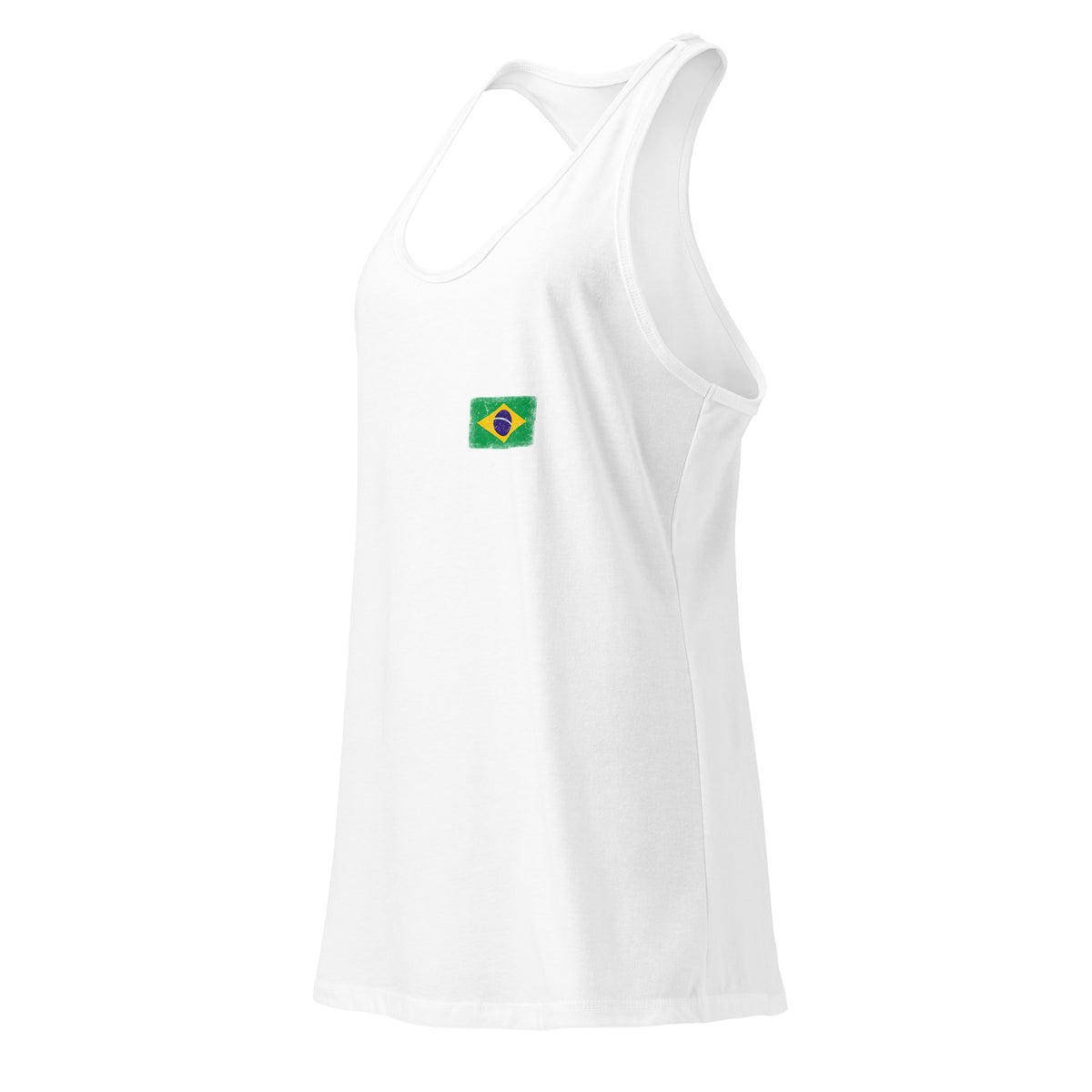 Brasil flag racerback tank top in White, vintage-washed print, small flag on the left chest, women cut, side view