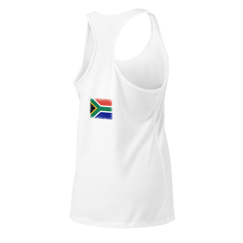 South Africa flag racerback tank top in White, vintage-washed print, flag across the upper back, women cut, back view