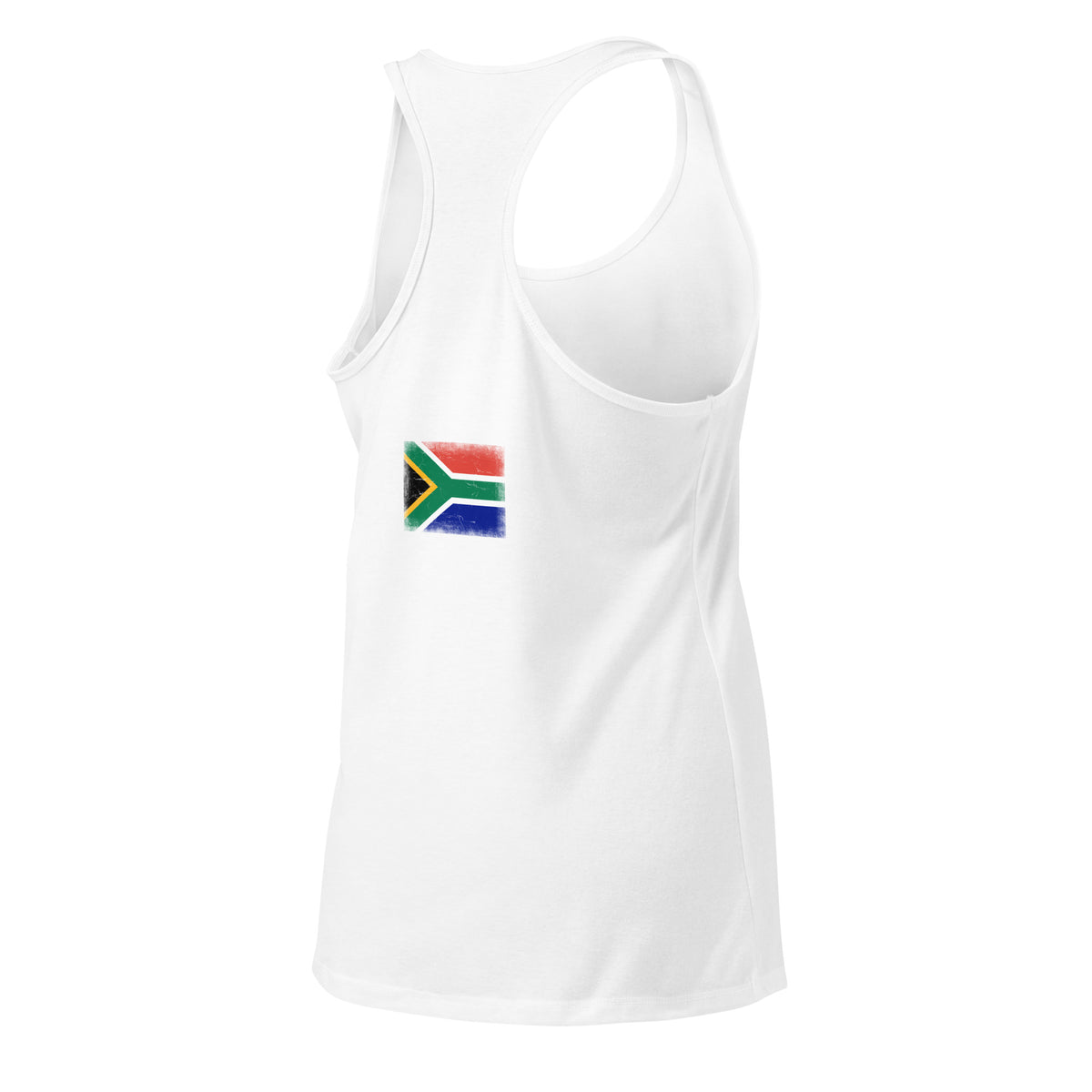 South Africa flag racerback tank top in White, vintage-washed print, flag across the upper back, women cut, back view
