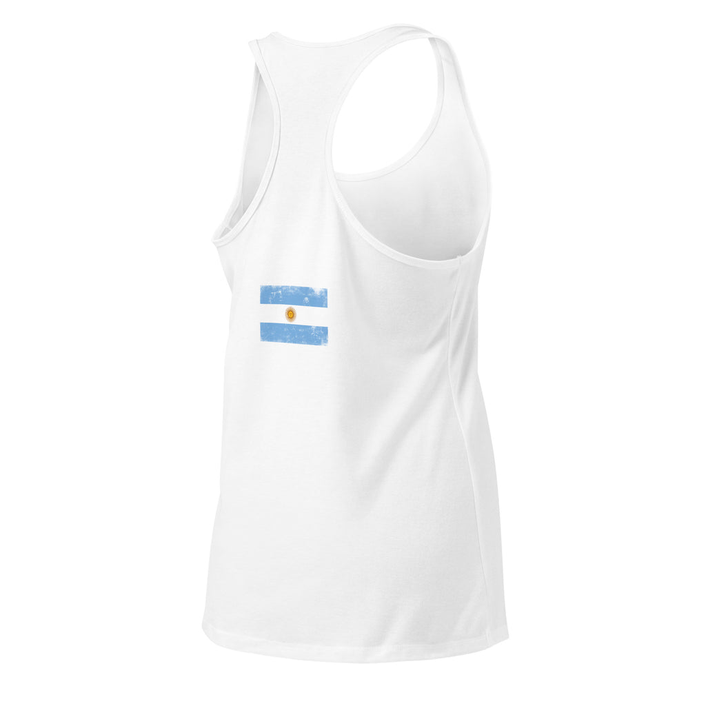 Argentina flag racerback tank top in White, vintage-washed print, flag across the upper back, women cut, back view