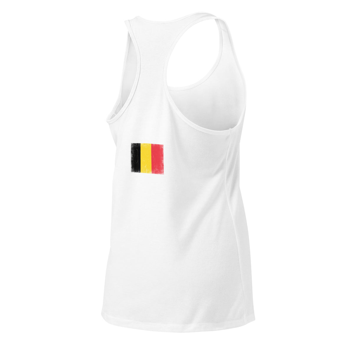 Belgium flag racerback tank top in White, vintage-washed print, flag across the upper back, women cut, back view