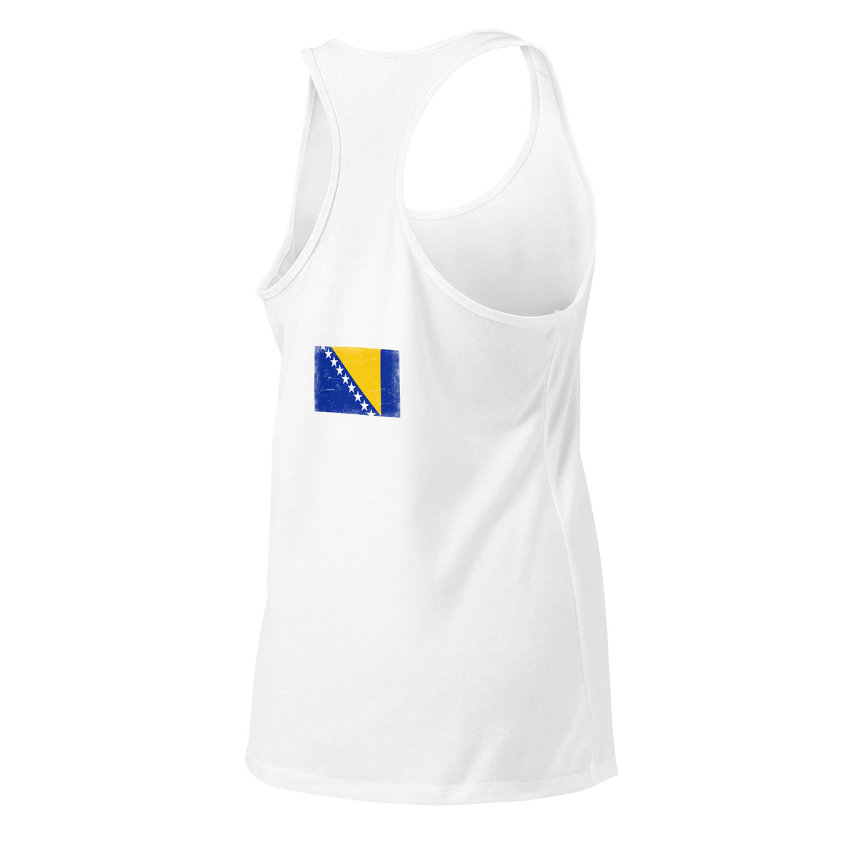 Bosnia and Herzegovina flag racerback tank top in White, vintage-washed print, flag across the upper back, women cut, back view