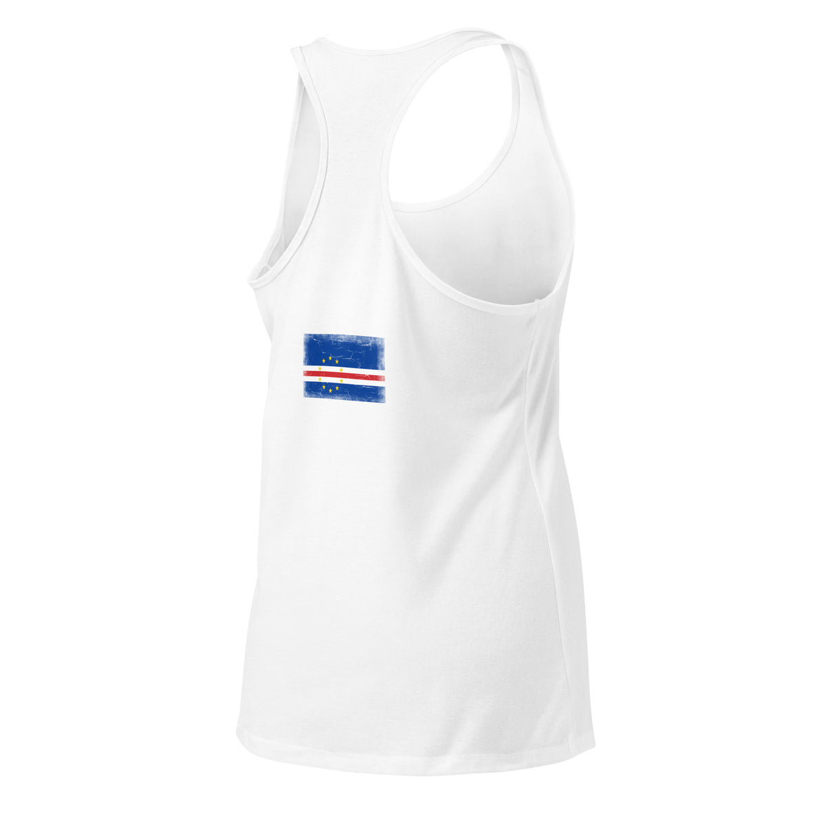 Cape Verde flag racerback tank top in White, vintage-washed print, flag across the upper back, women cut, back view