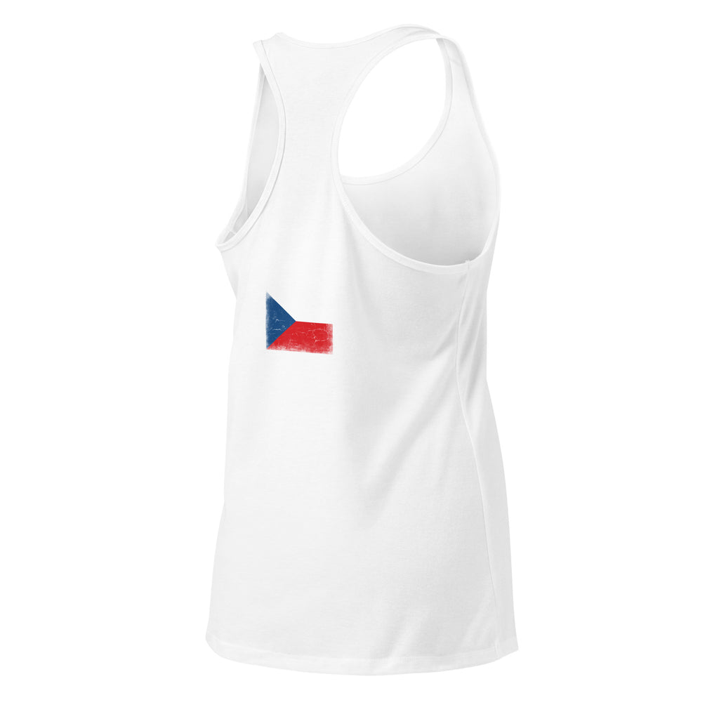 Czechia flag racerback tank top in White, vintage-washed print, flag across the upper back, women cut, back view