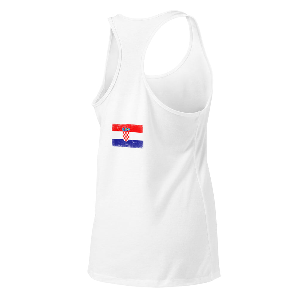 Croatia flag racerback tank top in White, vintage-washed print, flag across the upper back, women cut, back view