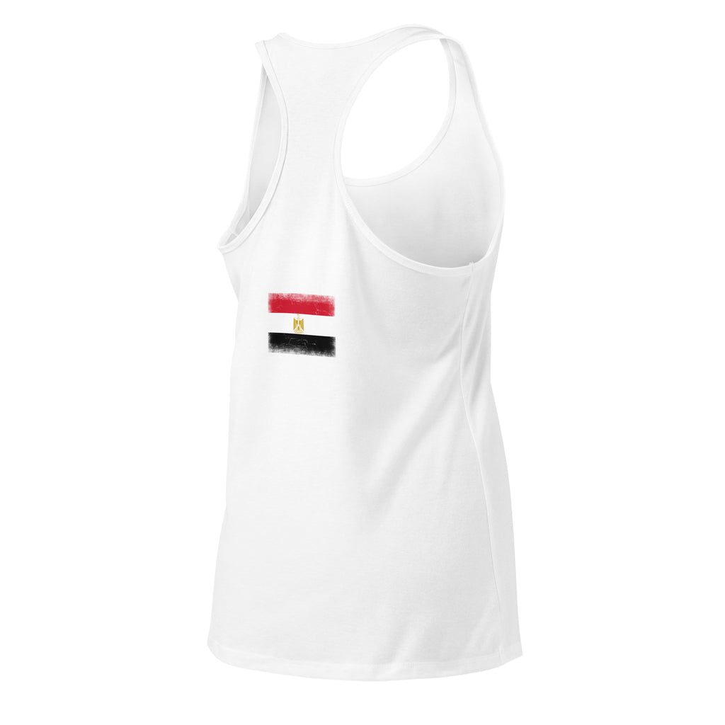 Egypt flag racerback tank top in White, vintage-washed print, flag across the upper back, women cut, back view
