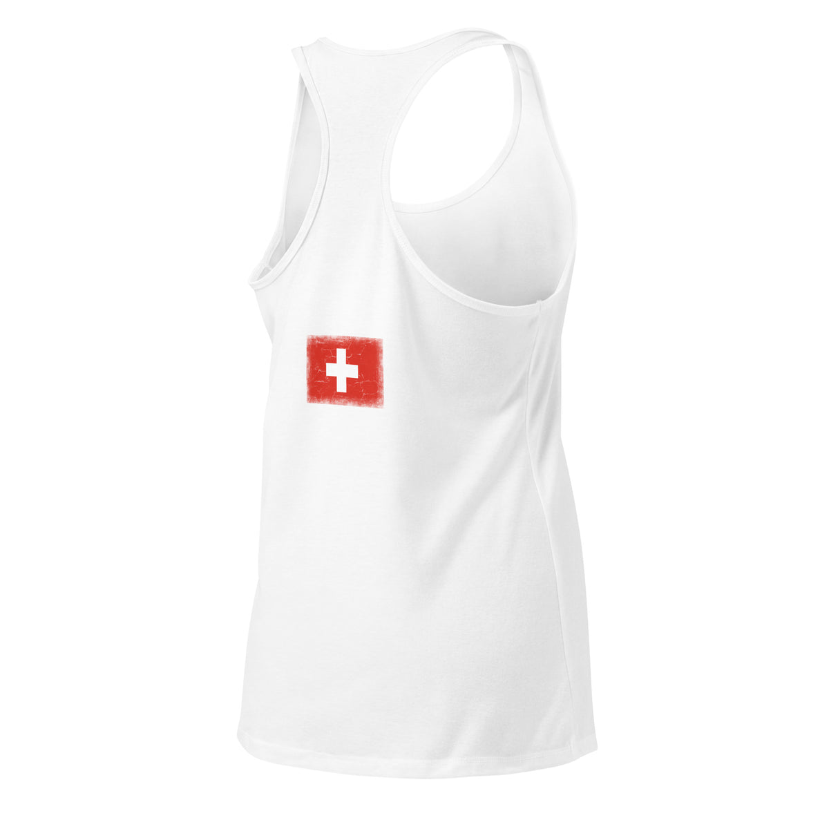 Switzerland flag racerback tank top in White, vintage-washed print, flag across the upper back, women cut, back view