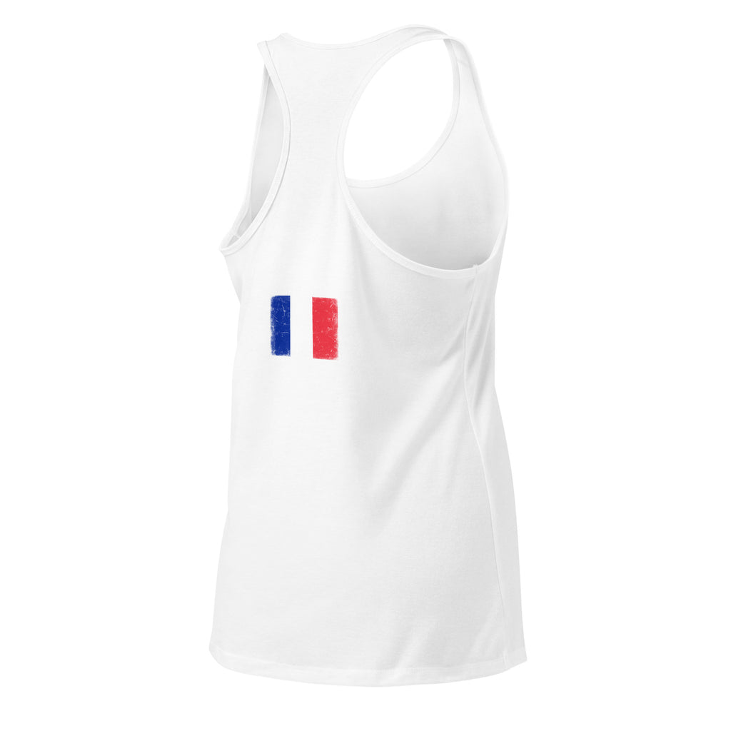 France flag racerback tank top in White, vintage-washed print, flag across the upper back, women cut, back view
