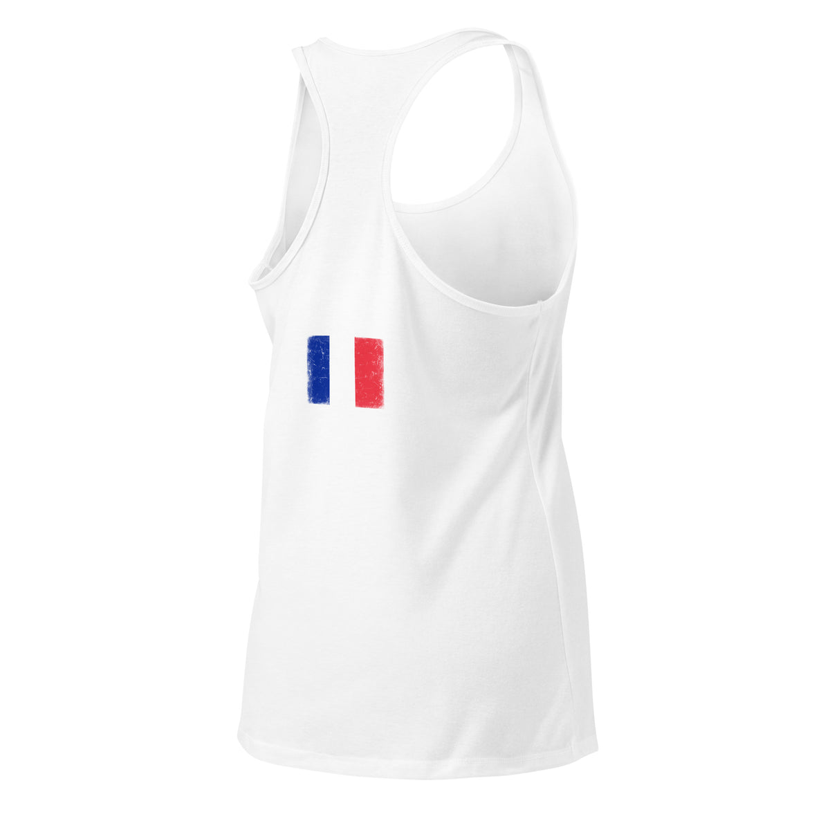 France flag racerback tank top in White, vintage-washed print, flag across the upper back, women cut, back view