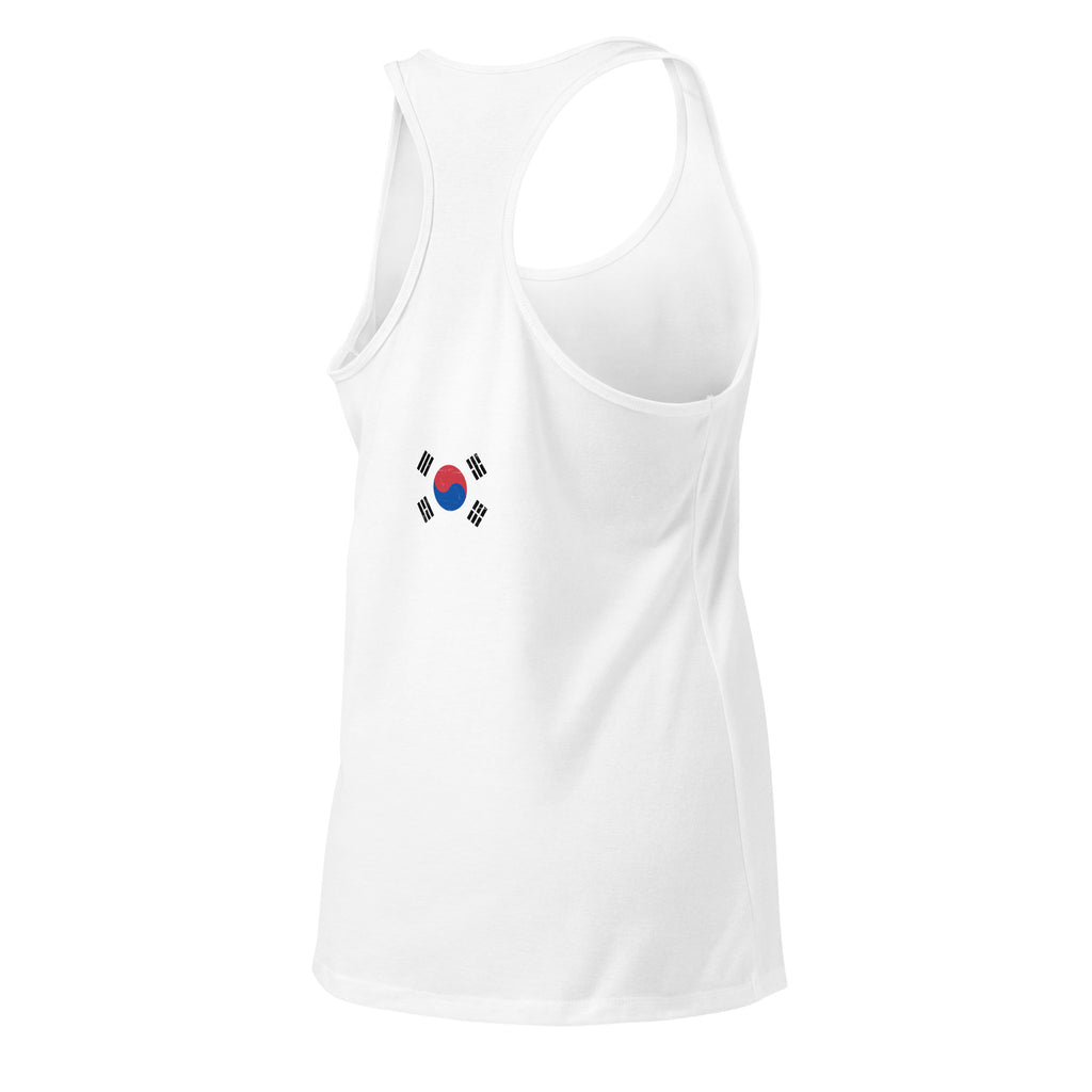 South Korea flag racerback tank top in White, vintage-washed print, flag across the upper back, women cut, back view