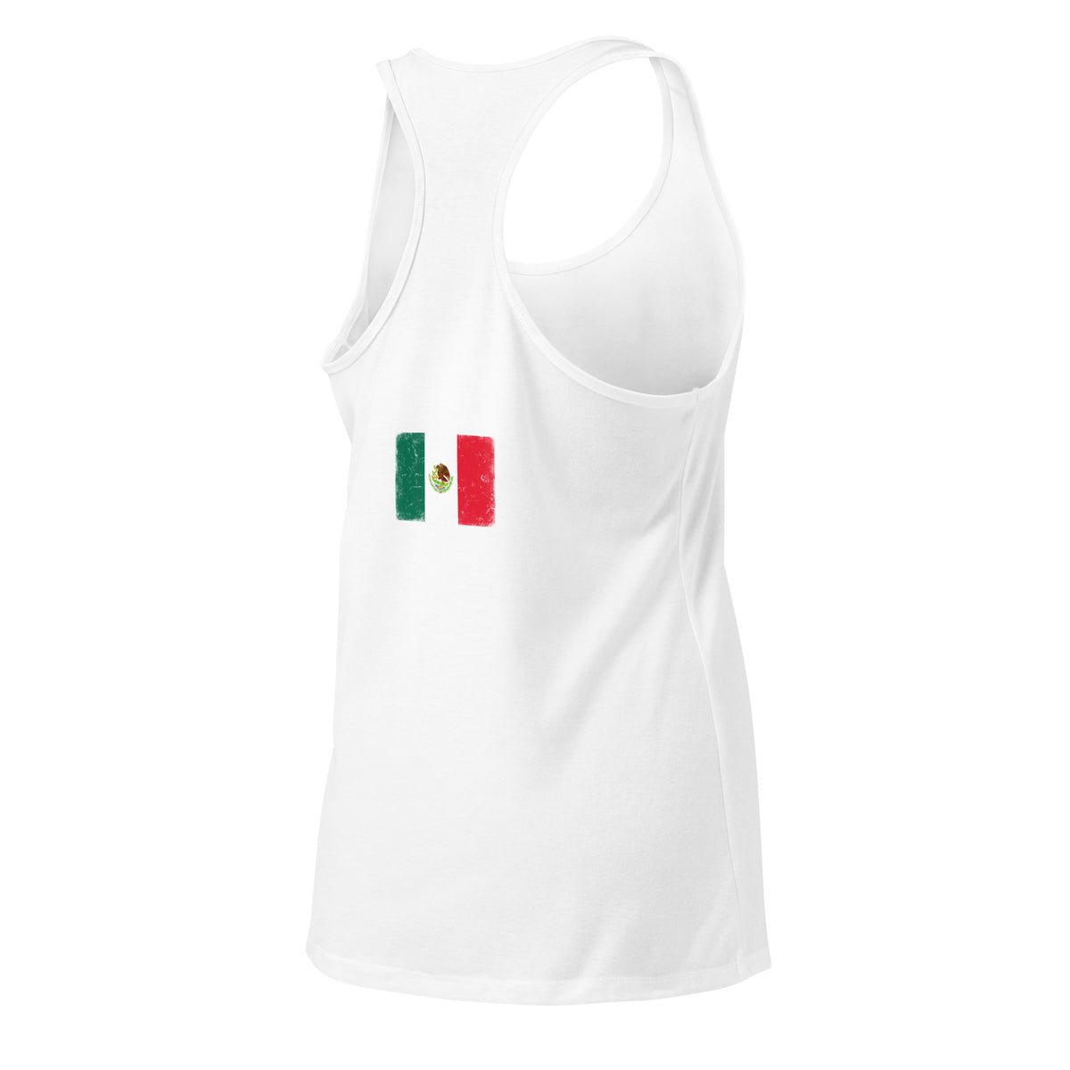 Mexico flag racerback tank top in White, vintage-washed print, flag across the upper back, women cut, back view