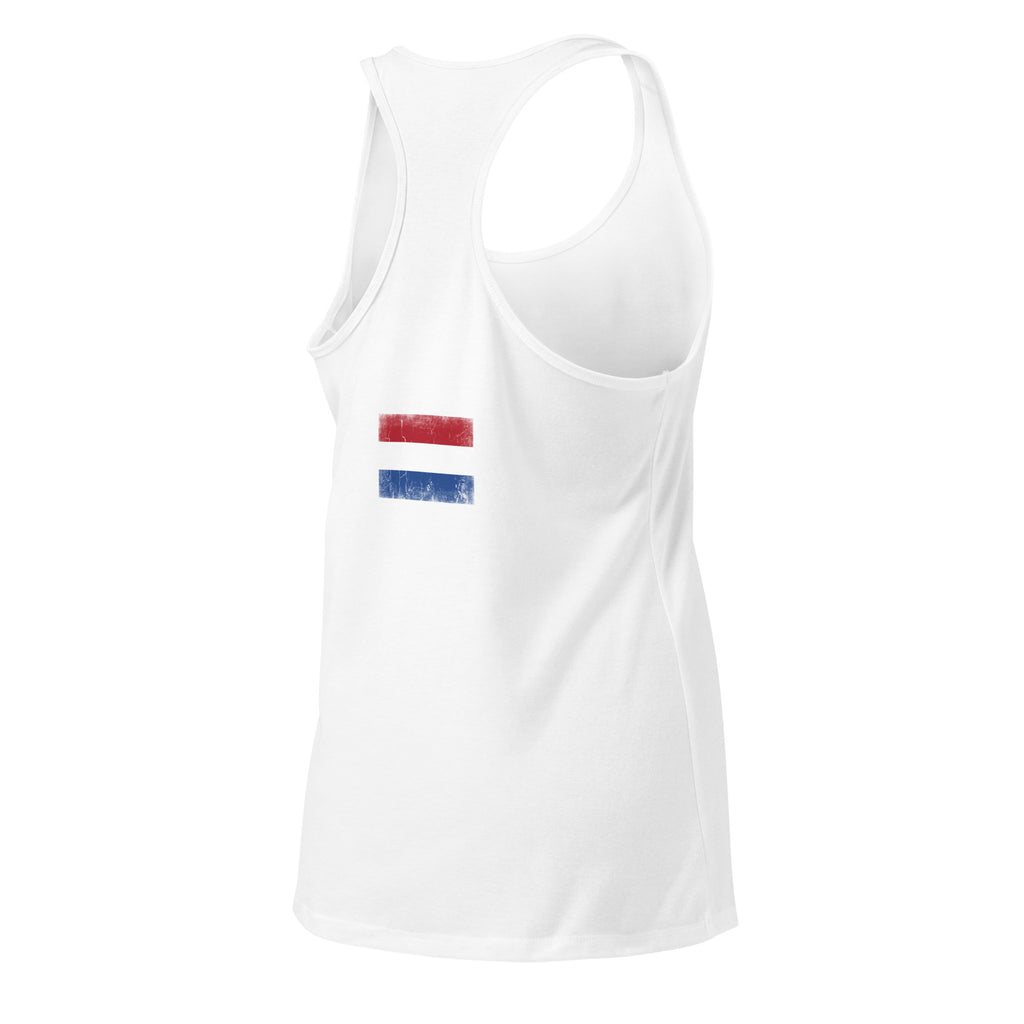 Netherlands flag racerback tank top in White, vintage-washed print, flag across the upper back, women cut, back view