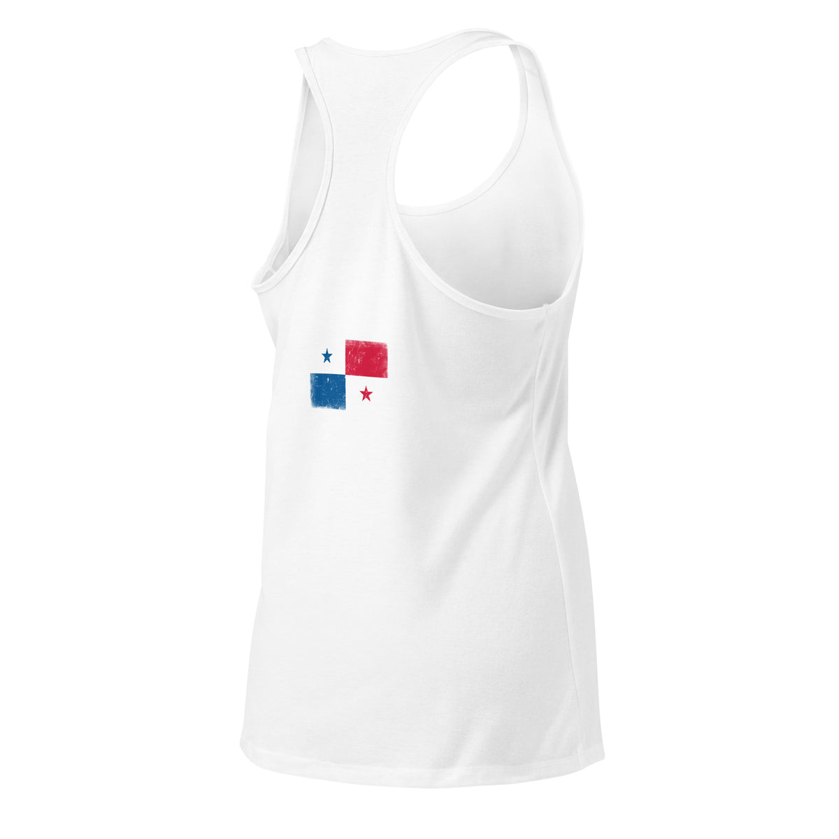 Panama flag racerback tank top in White, vintage-washed print, flag across the upper back, women cut, back view
