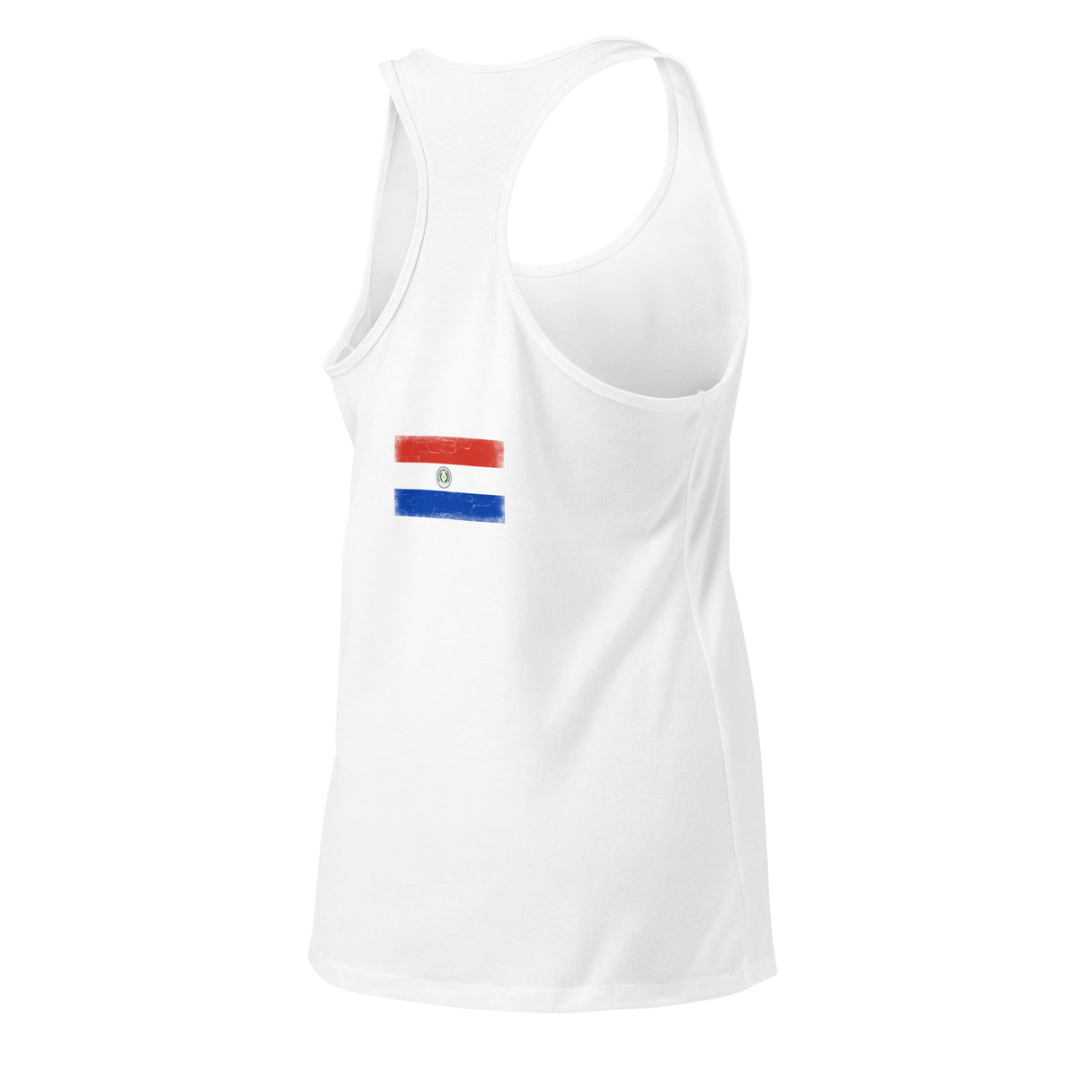 Paraguay flag racerback tank top in White, vintage-washed print, flag across the upper back, women cut, back view