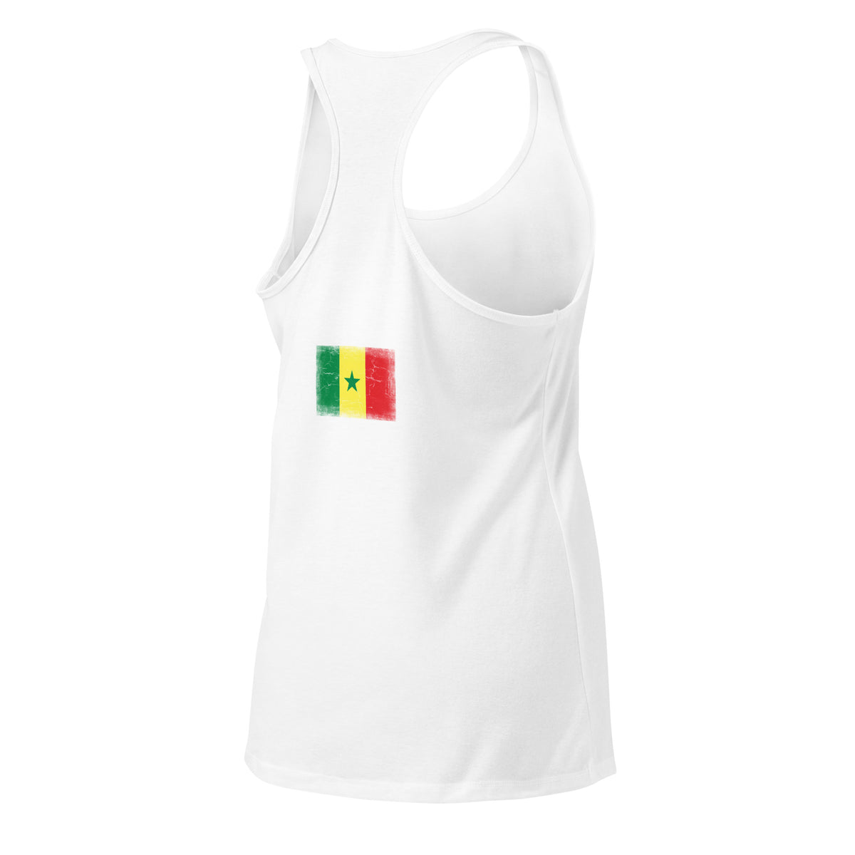 Senegal flag racerback tank top in White, vintage-washed print, flag across the upper back, women cut, back view