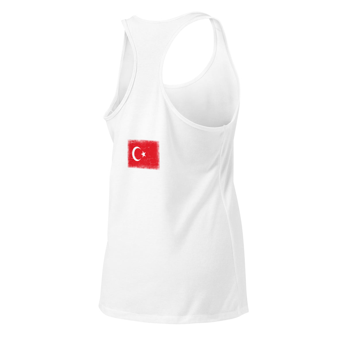 Turkey flag racerback tank top in White, vintage-washed print, flag across the upper back, women cut, back view