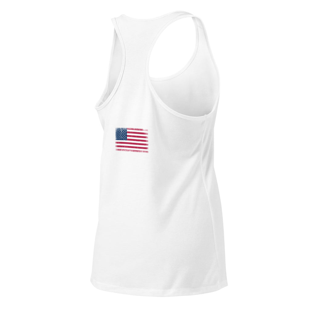 USA flag racerback tank top in White, vintage-washed print, flag across the upper back, women cut, back view