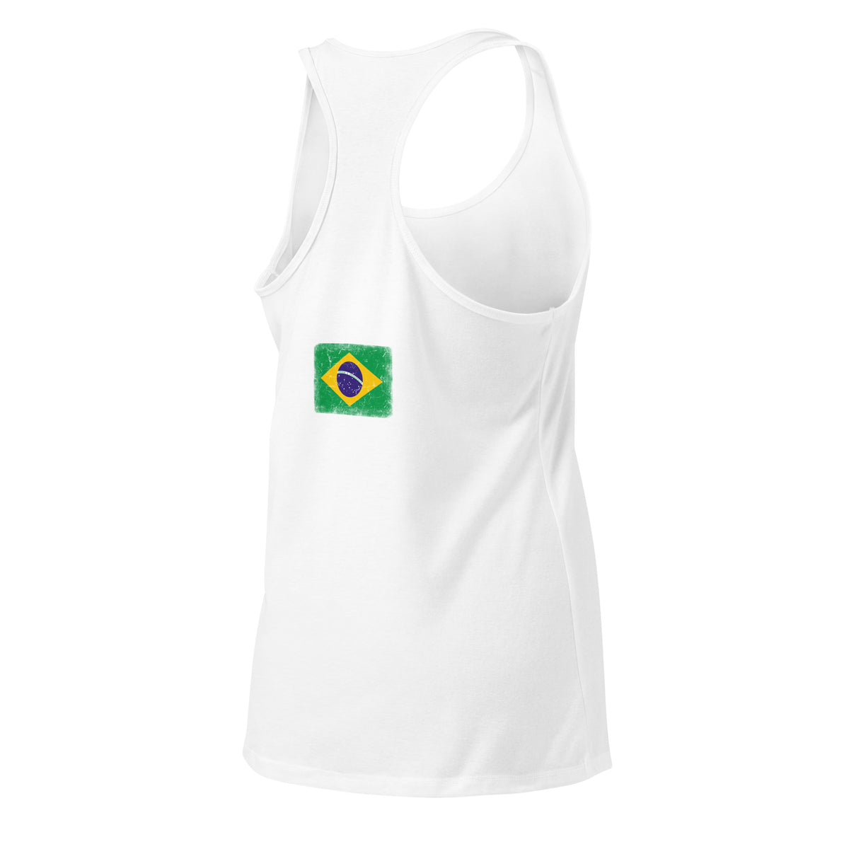 Brasil flag racerback tank top in White, vintage-washed print, flag across the upper back, women cut, back view