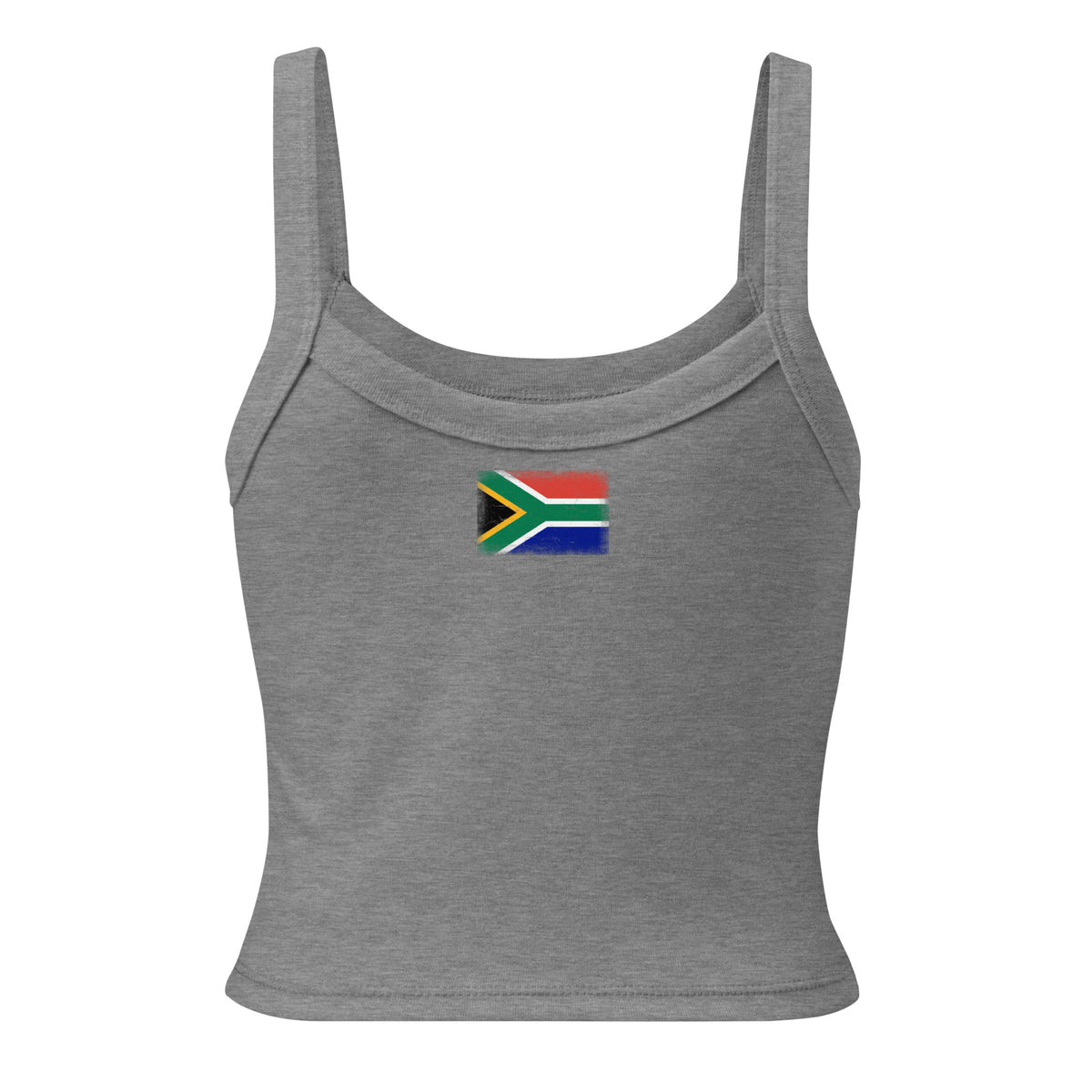 South Africa flag rib tank top in Athletic Heather, vintage-washed print, flag across the upper back, women cut, back view