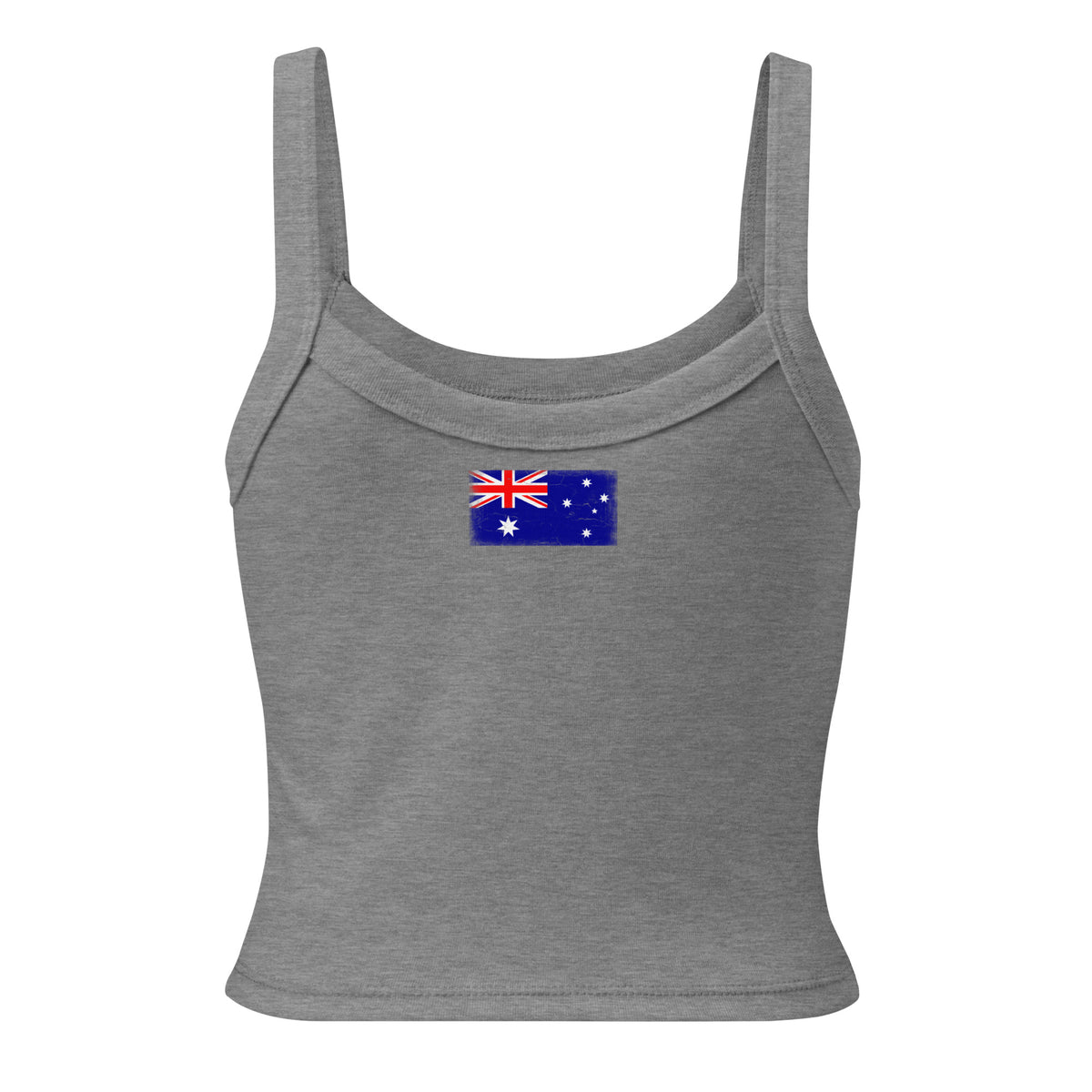 Australia flag rib tank top in Athletic Heather, vintage-washed print, flag across the upper back, women cut, back view