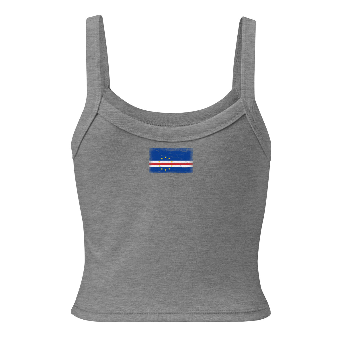Cape Verde flag rib tank top in Athletic Heather, vintage-washed print, flag across the upper back, women cut, back view