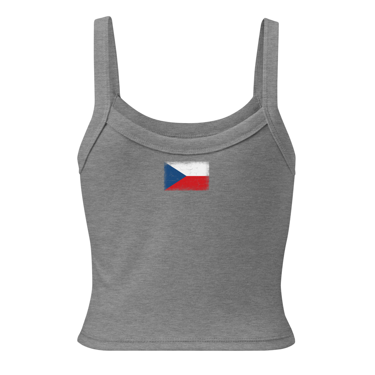 Czechia flag rib tank top in Athletic Heather, vintage-washed print, flag across the upper back, women cut, back view