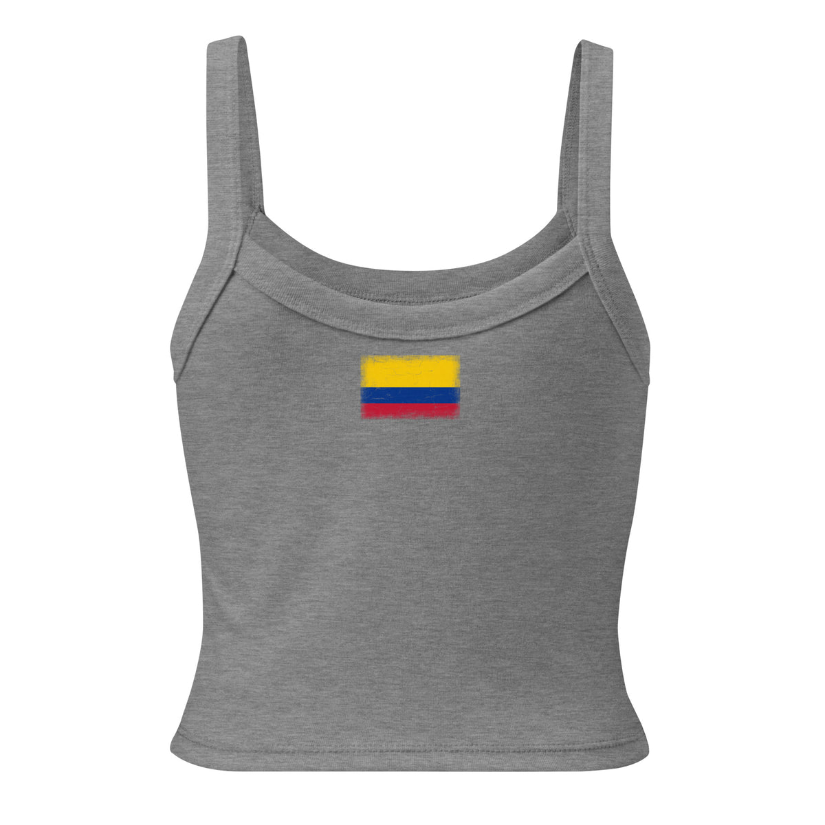 Colombia flag rib tank top in Athletic Heather, vintage-washed print, flag across the upper back, women cut, back view