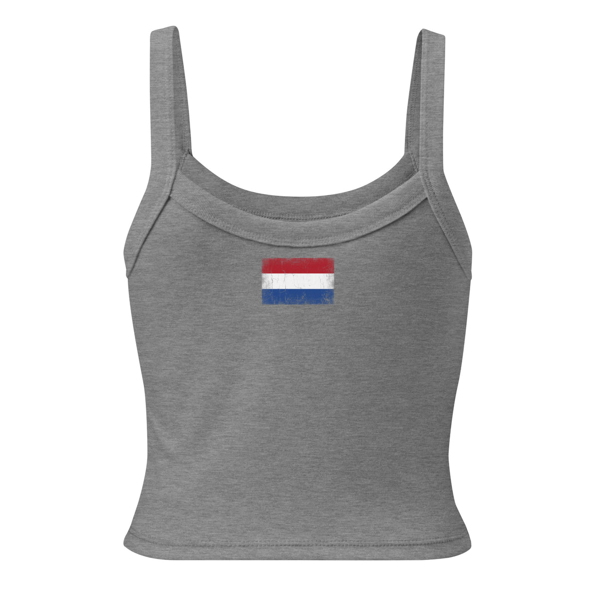Netherlands flag rib tank top in Athletic Heather, vintage-washed print, flag across the upper back, women cut, back view