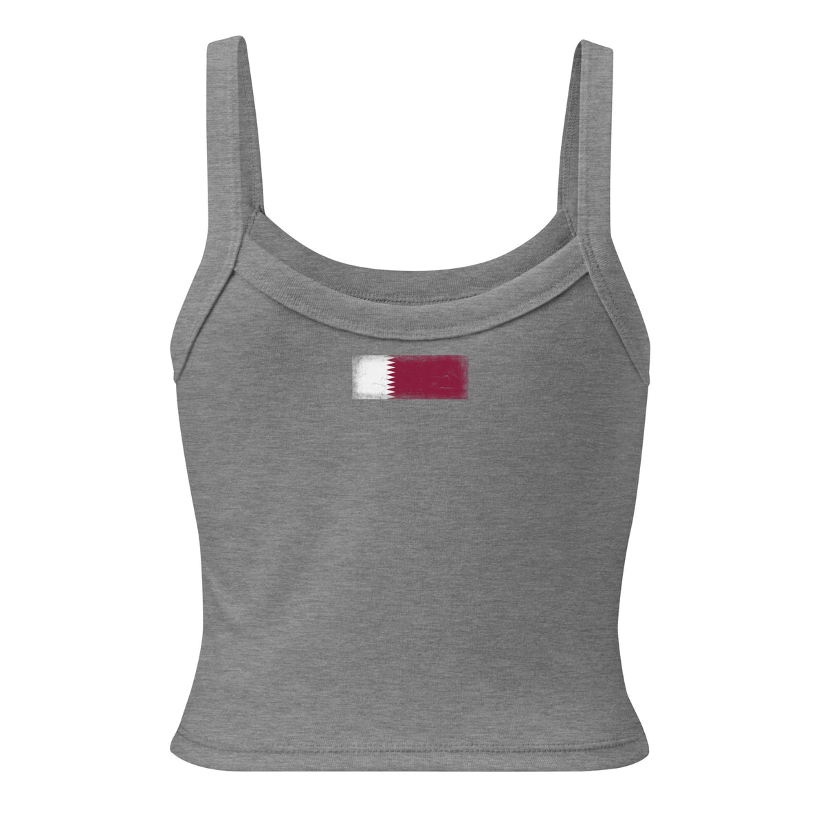 Qatar flag rib tank top in Athletic Heather, vintage-washed print, flag across the upper back, women cut, back view