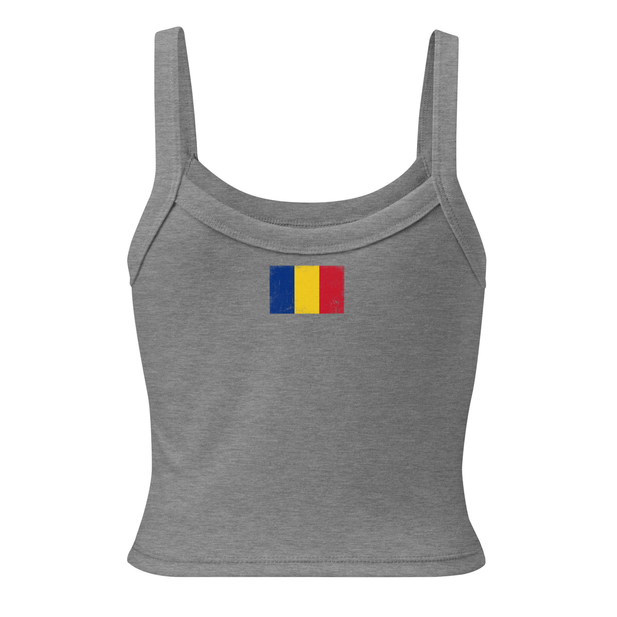 Romania flag rib tank top in Athletic Heather, vintage-washed print, flag across the upper back, women cut, back view